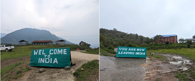 Collage of photos taken in May 2024 from both sides of the India-Myanmar border near the International Trade Centre, DAN in Pangsha, under Noklak district of Nagaland, with 'Welcome to India' and 'You Are Now Leaving India' signs highlight the fluidity of the border. The Khiamniungan Naga community, living on both sides of the 'international border,' has been traversing the land without interference since time immemorial. (Morung File Photo)